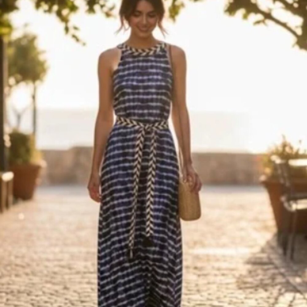 Tory Burch Sleeveless Tie Dye Maxi Dress w/Racerback and Chevron Belt, Size M